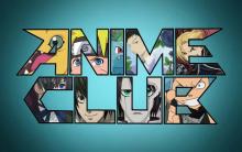 the words "Anime Club" with Anime characters inside the letters on blue background