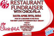 Date: April 16th, 2024  Come out and Support your community during our Chick-fil-a fundraiser event.  We will donate 15% of the sales totaled up from the flyers Presented back to the friends of the West Lawn Wyomissing Hills Library  The flyer must be presented in either paper format of shown on a smart phone to a cashier for credit. If you order online please let a team member know when you come to pick it up.