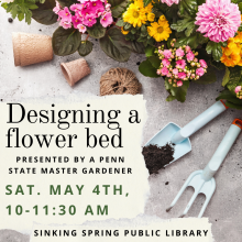 Flowers and garden tools with event name, date, and time.