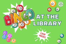 text saying "Bingo at the library" on green background with multicolored bingo balls