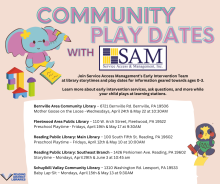 Community play date social media ad with dates for each library listed as well as cartoon blue elephant image on pink background