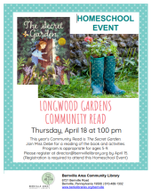 written flyer describing details for event with picture of The Secret Garden book cover and image of garden scene at top
