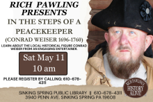 Program title, date, time and registration info from event page with an image of rich pawling dressed as Conrad Weiser