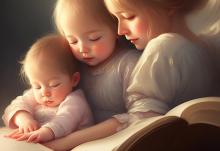 Mother reading to children.